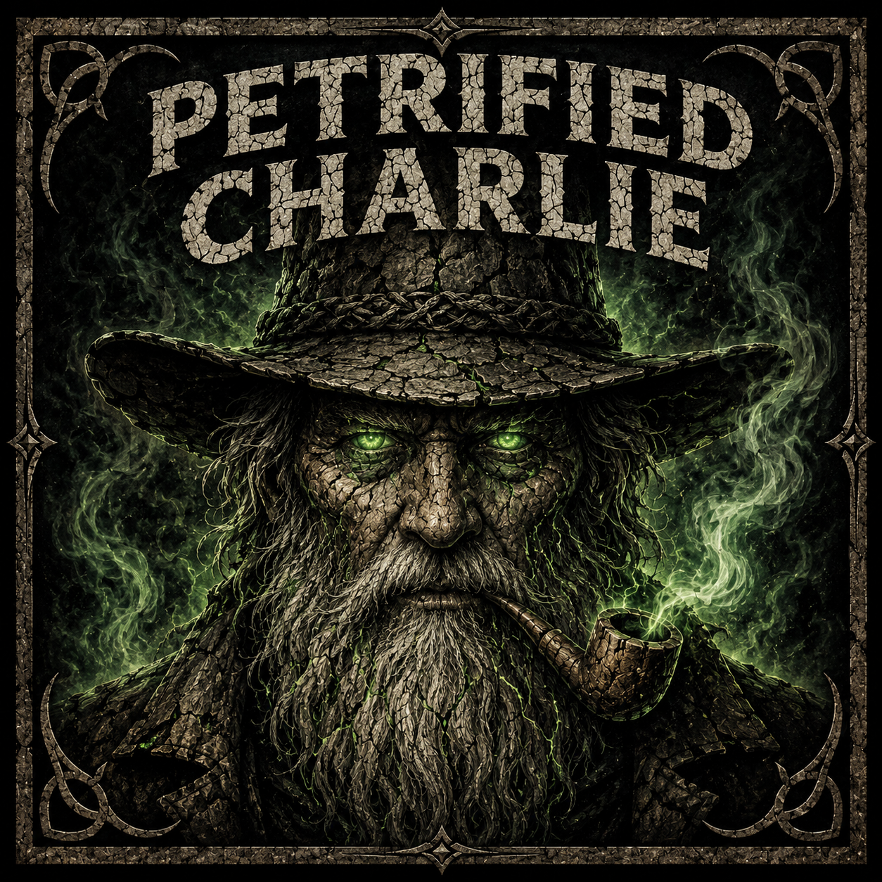 Petrified Charlie closeup artwork with glowing green eyes and pipe