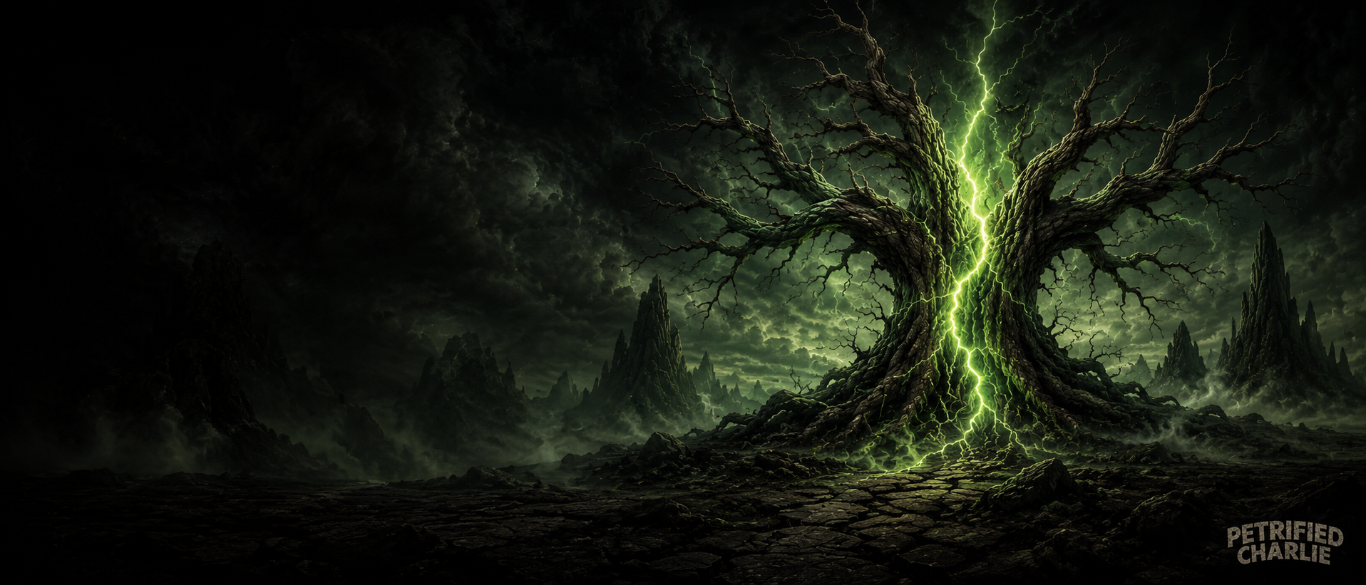 Electric petrified tree artwork with green lightning
